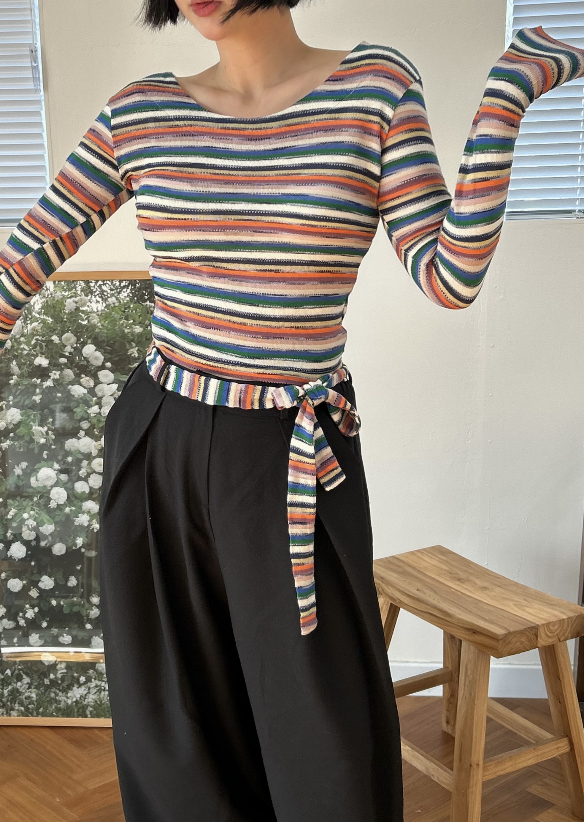 ストラップ付ボートネックマルチボーダーTシャツ | 詳細画像7