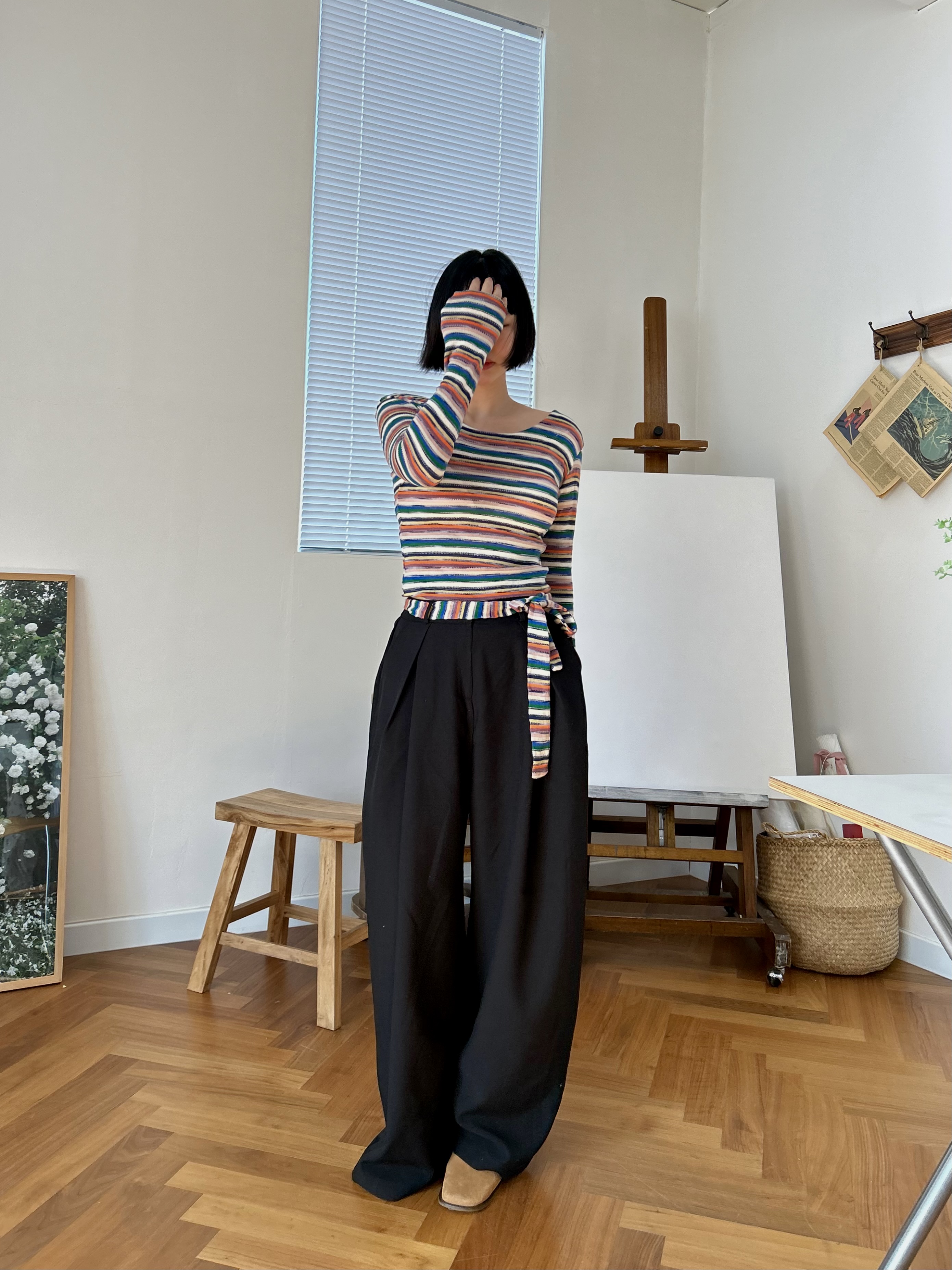 ストラップ付ボートネックマルチボーダーTシャツ | 詳細画像8