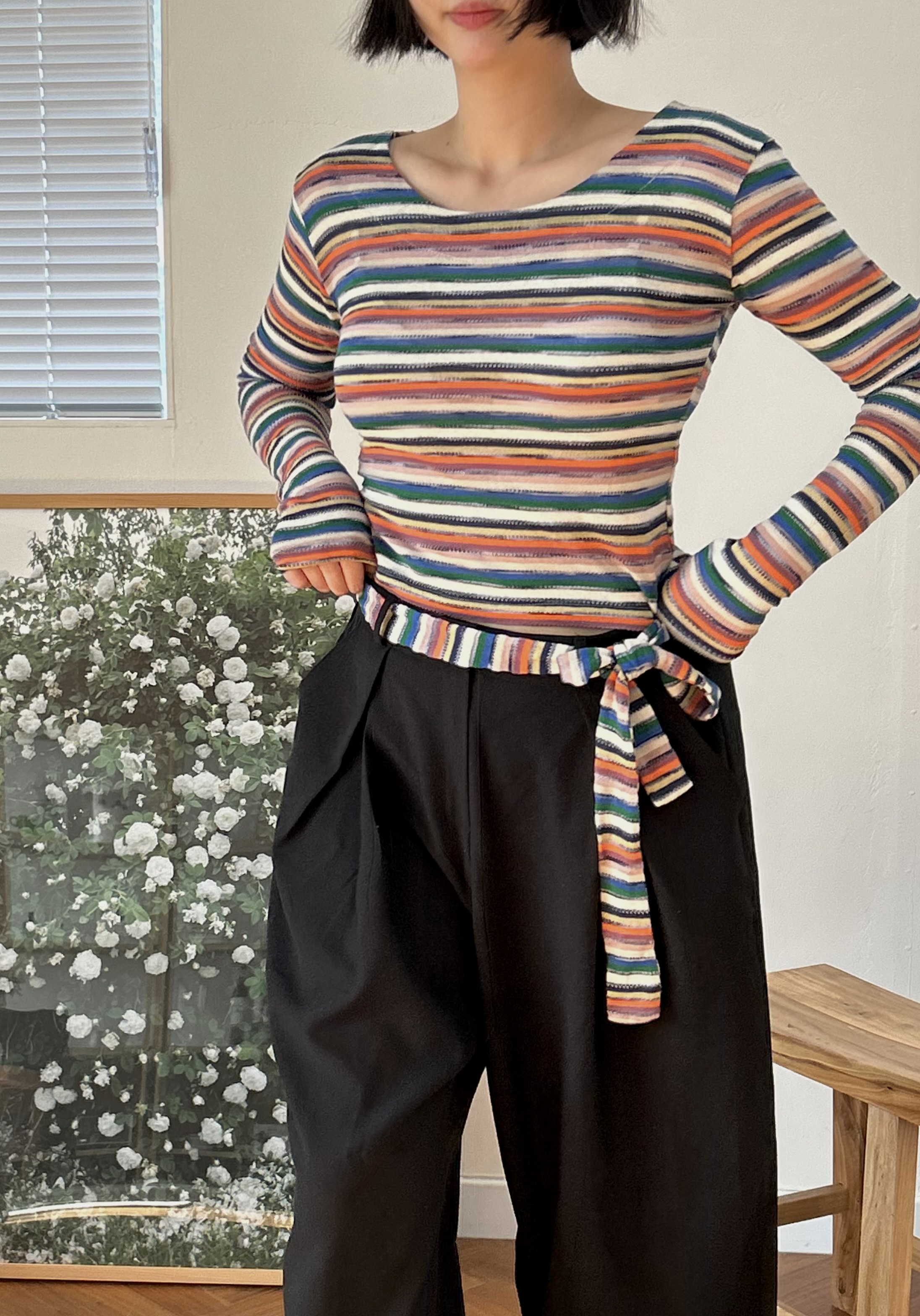 ストラップ付ボートネックマルチボーダーTシャツ | 詳細画像9