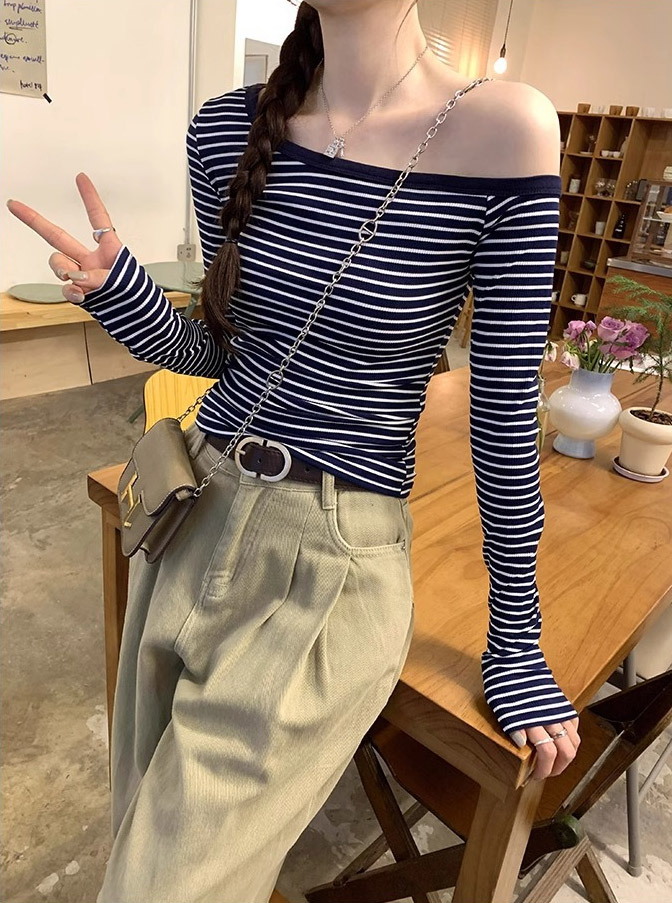 配色ボーダーワンショルダースリムTシャツ | 詳細画像2