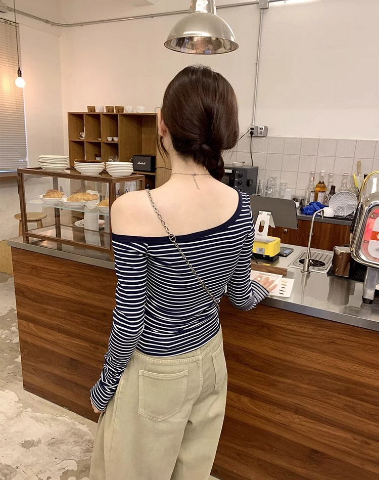 配色ボーダーワンショルダースリムTシャツ | 詳細画像4