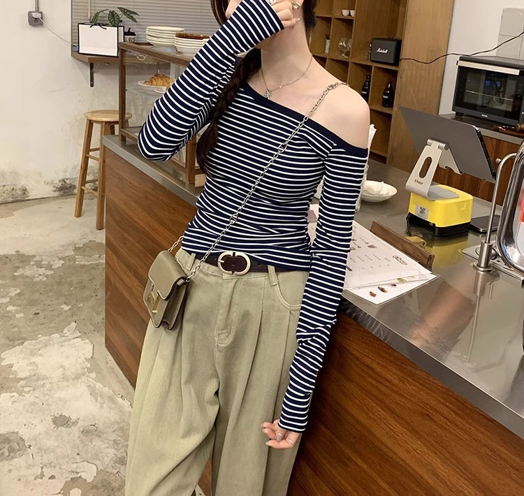 配色ボーダーワンショルダースリムTシャツ | 詳細画像6