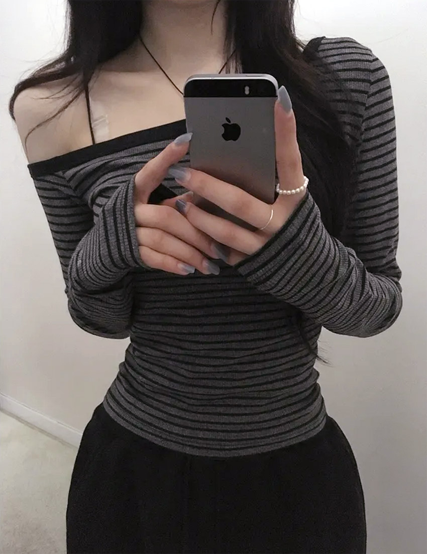 配色ボーダーワンショルダースリムTシャツ | 詳細画像7