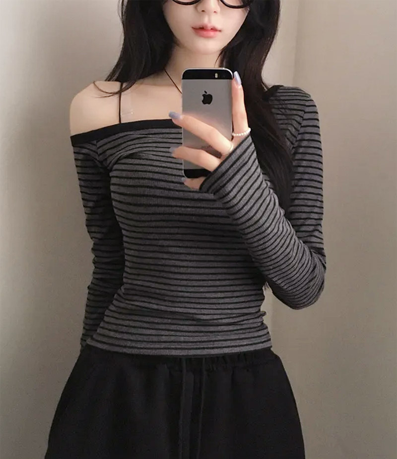 配色ボーダーワンショルダースリムTシャツ | 詳細画像8