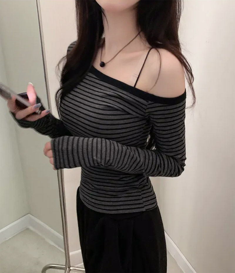 配色ボーダーワンショルダースリムTシャツ | 詳細画像10