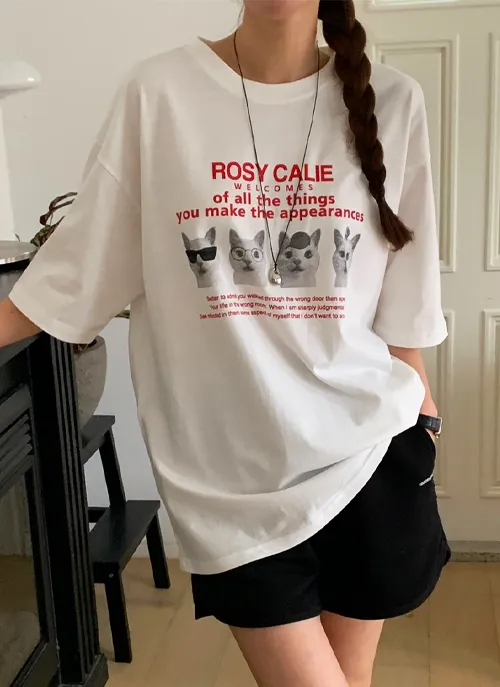 レタリングキャットプリントボクシーTシャツ | 詳細画像1