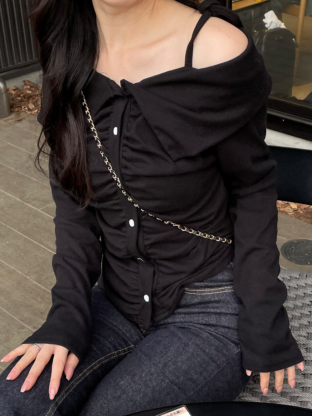 起毛リボンオフショルギャザーボタンTシャツ | 詳細画像2