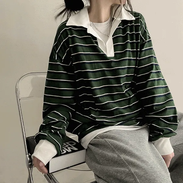 配色オープンカラーボーダーTシャツ | hijjoo | 詳細画像1