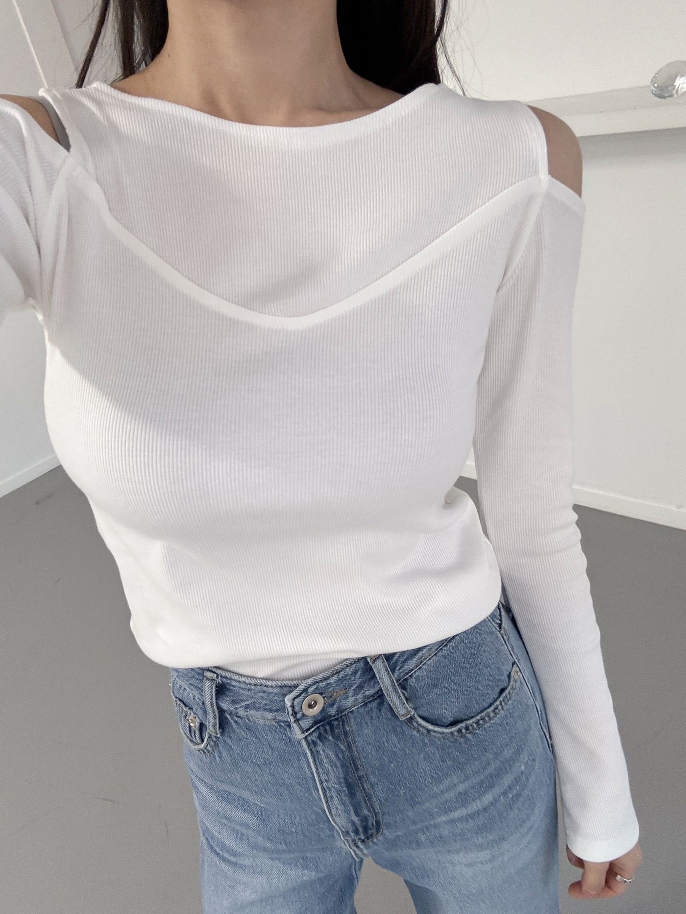 レイヤード風オープンショルダーリブTシャツ | 詳細画像5