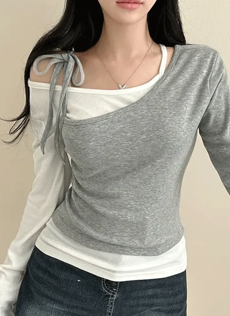 ワンショルダーリボンレイヤードTシャツ | creamsugar | 詳細画像1