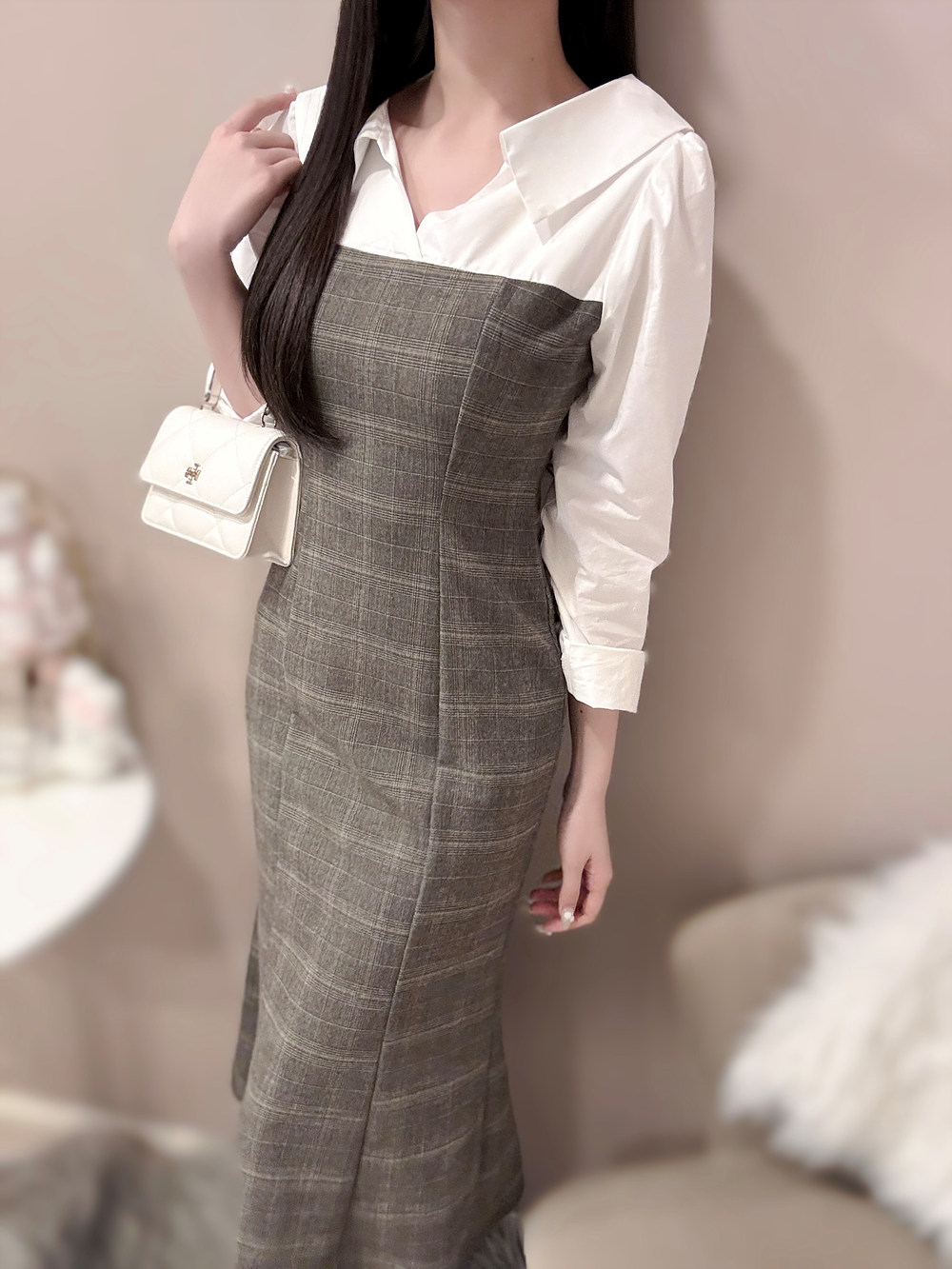 オープンカラーチェック配色マーメイドワンピース | 詳細画像2