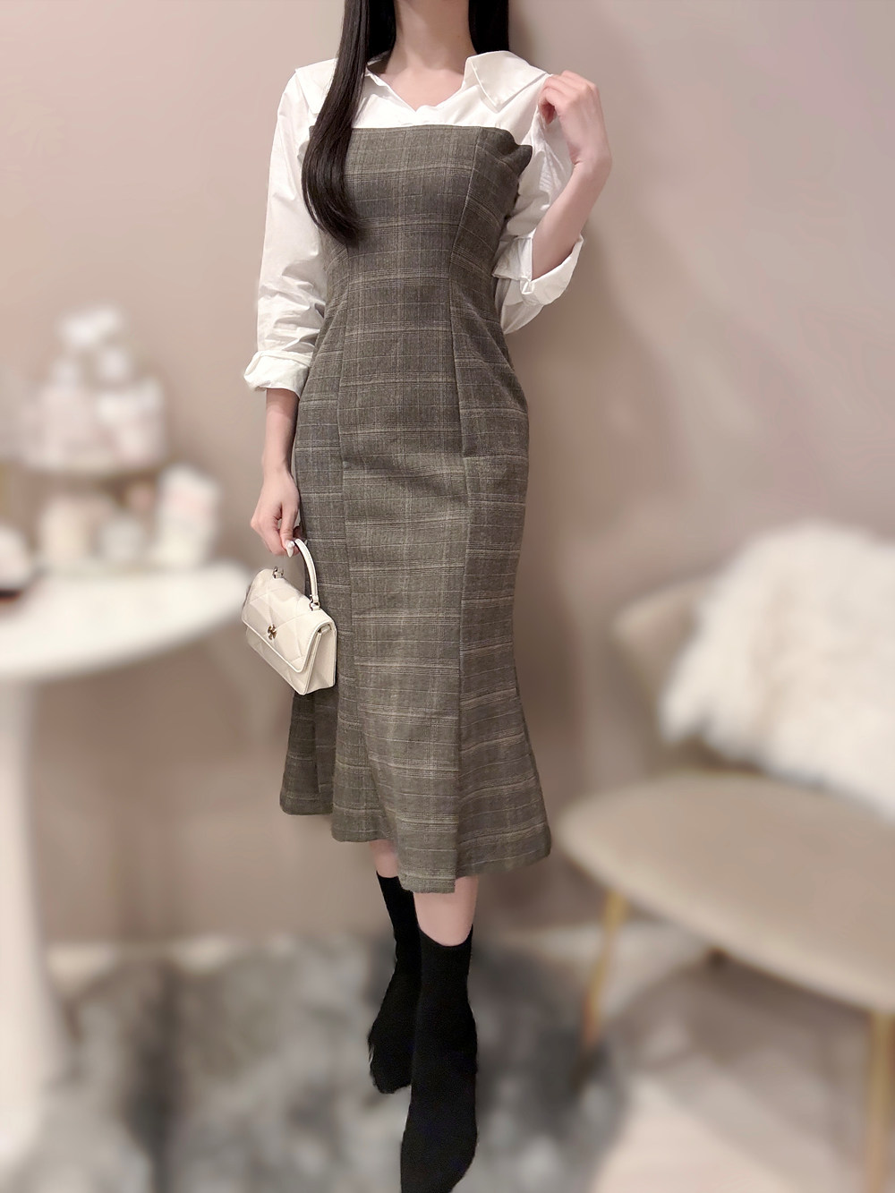 オープンカラーチェック配色マーメイドワンピース | 詳細画像3