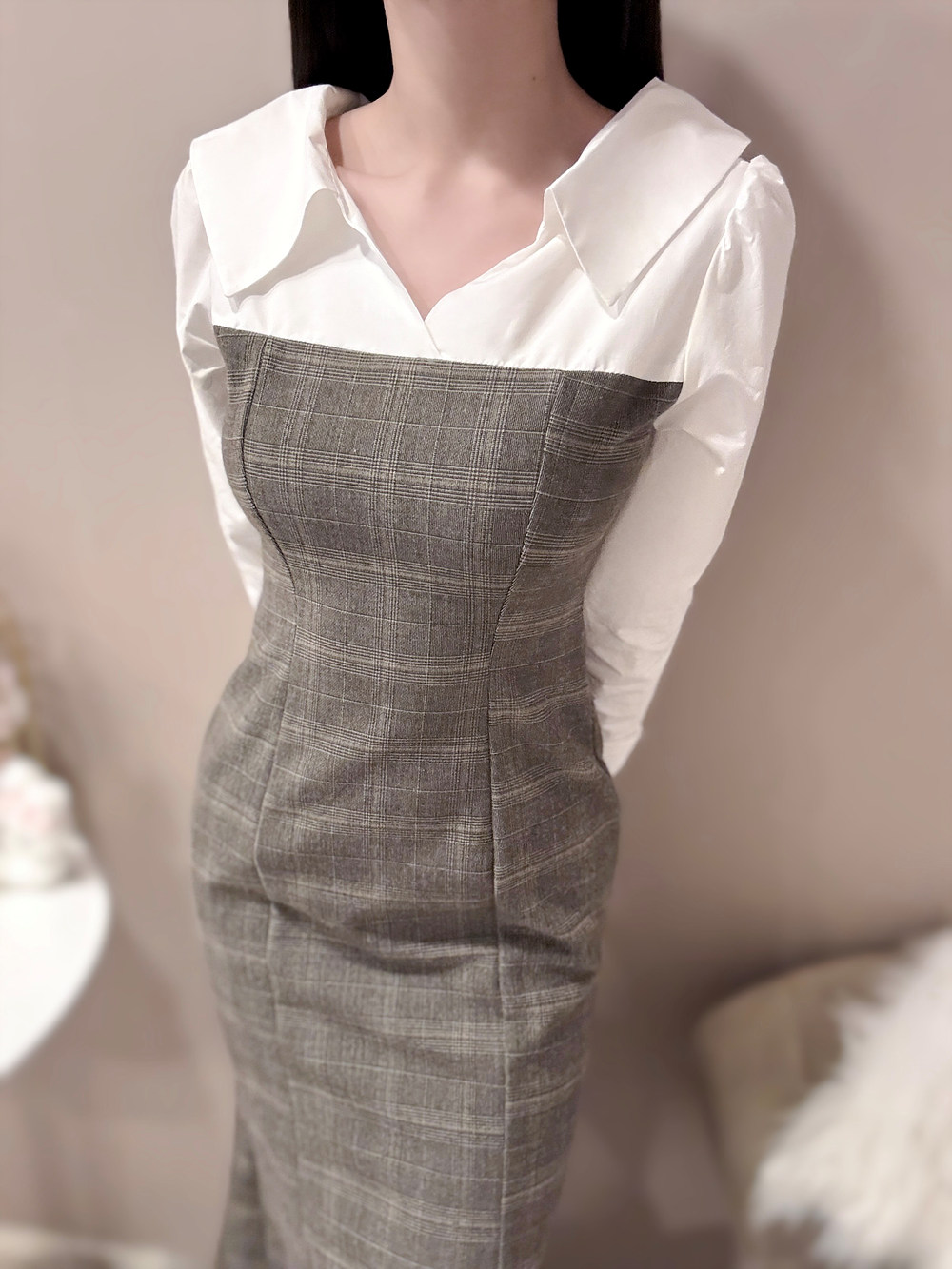 オープンカラーチェック配色マーメイドワンピース | 詳細画像4