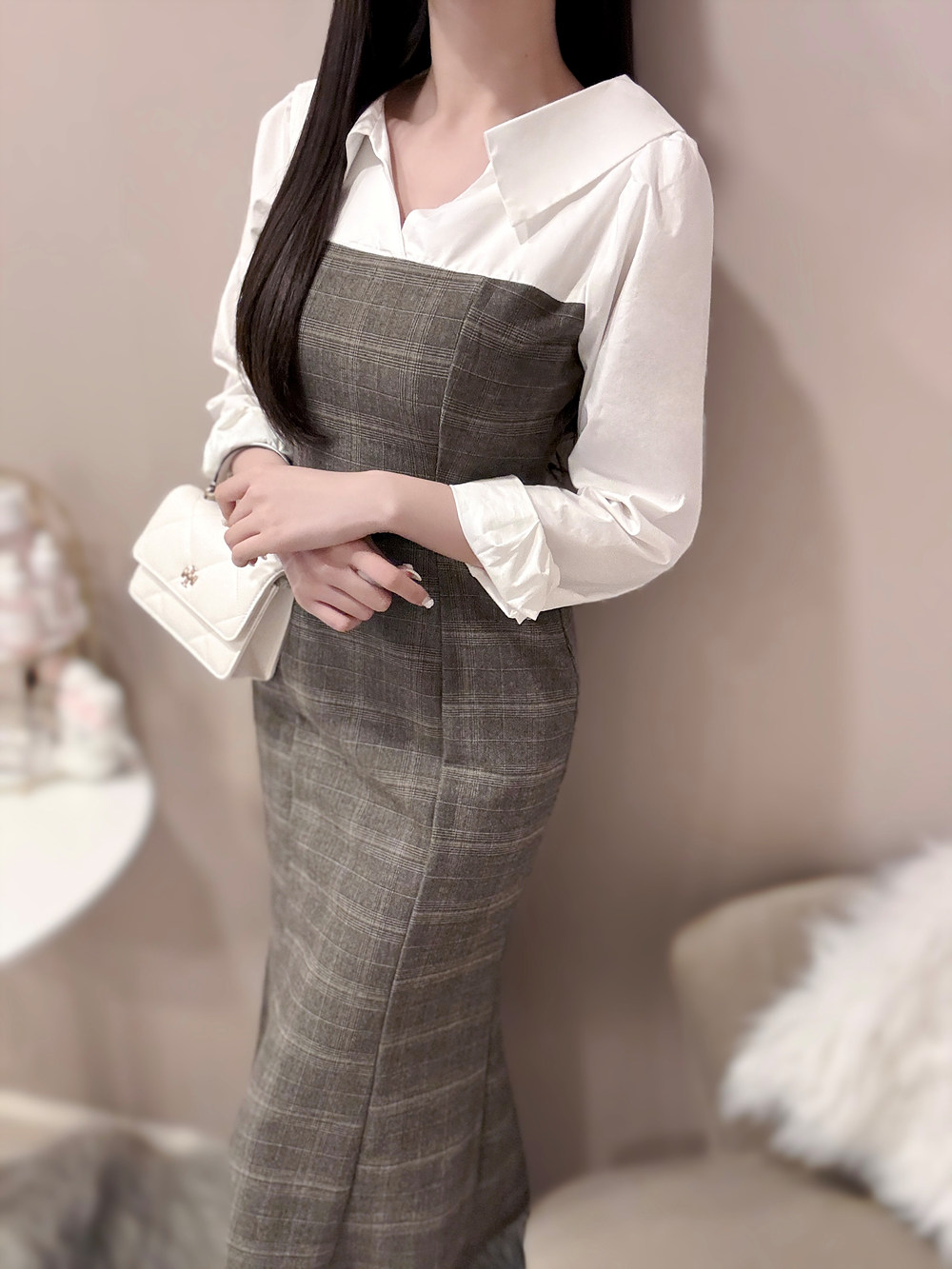 オープンカラーチェック配色マーメイドワンピース | 詳細画像7