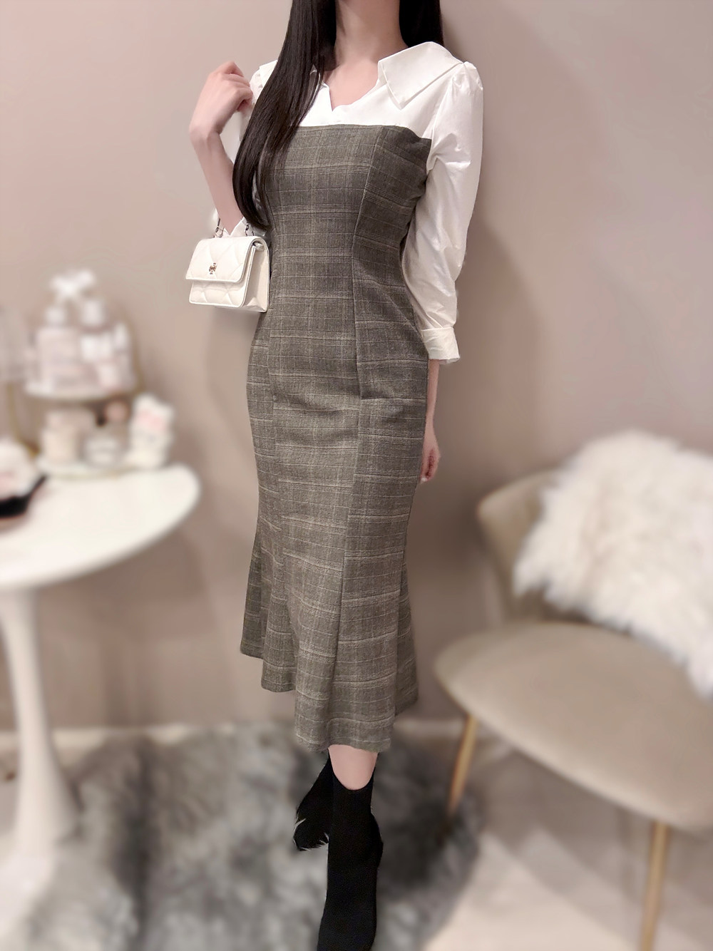 オープンカラーチェック配色マーメイドワンピース | 詳細画像8