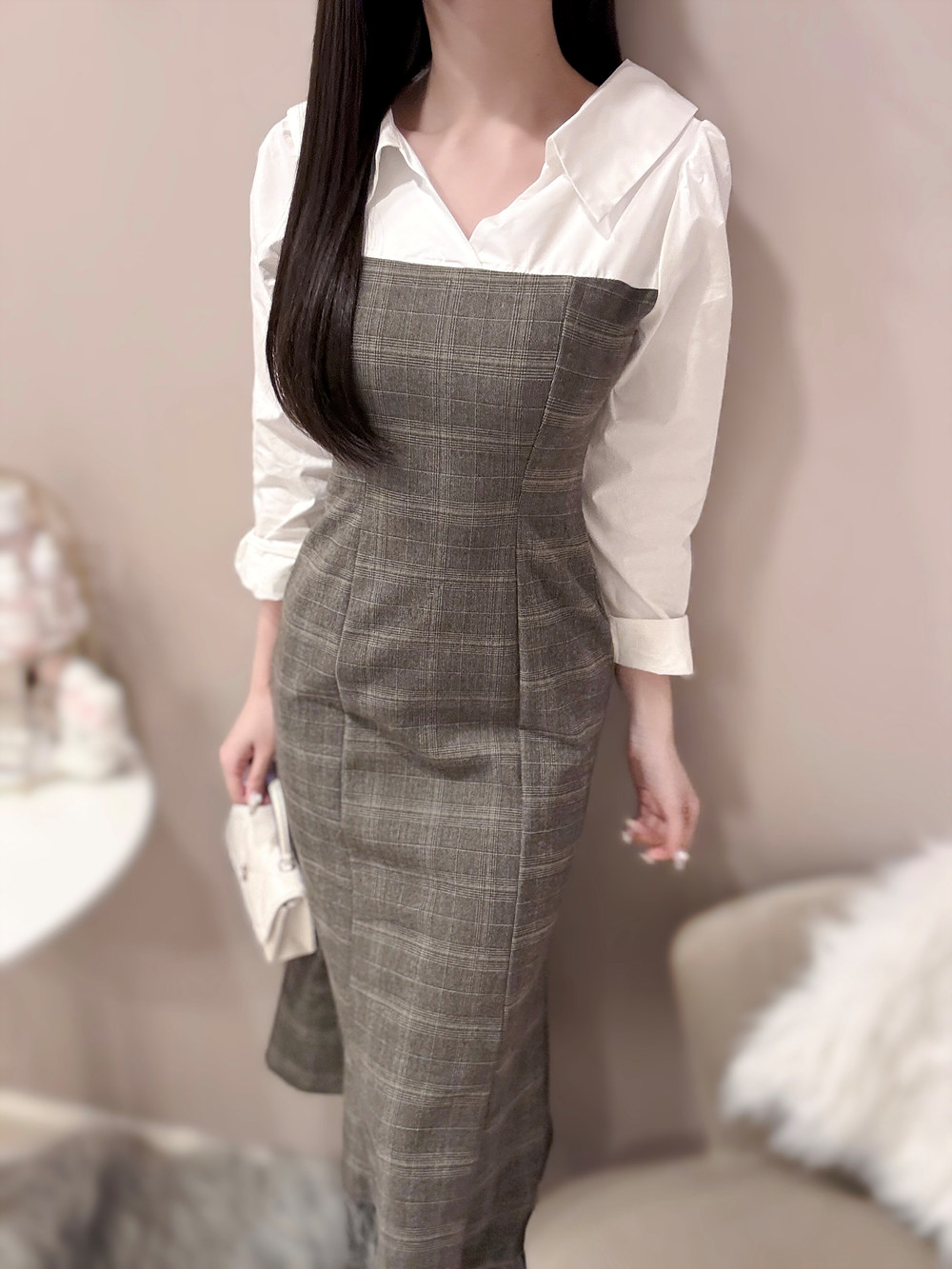 オープンカラーチェック配色マーメイドワンピース | 詳細画像10