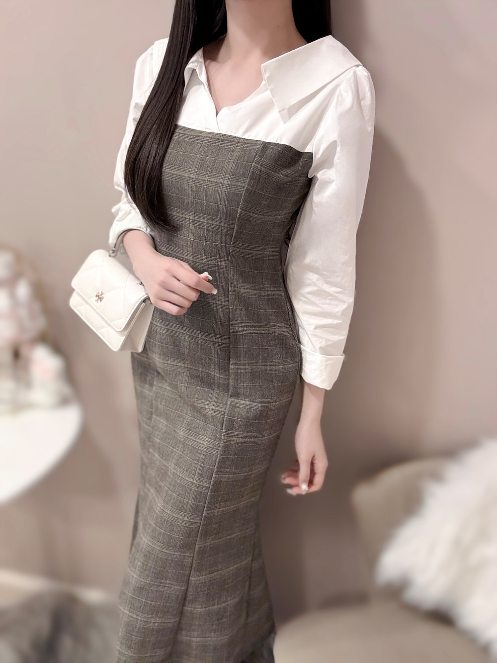 オープンカラーチェック配色マーメイドワンピース | 詳細画像12