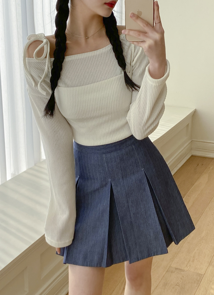 ストライプステッチデニムボックスプリーツミニスカート