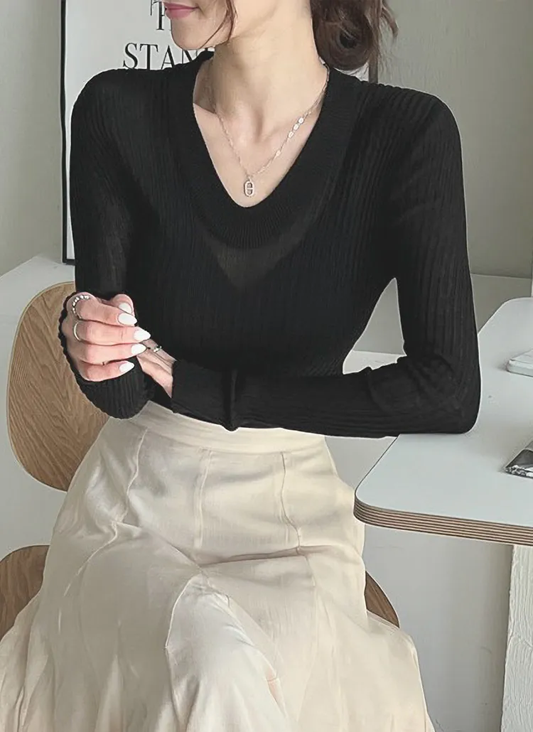 Vネックスリットスリムリブニット | 詳細画像1