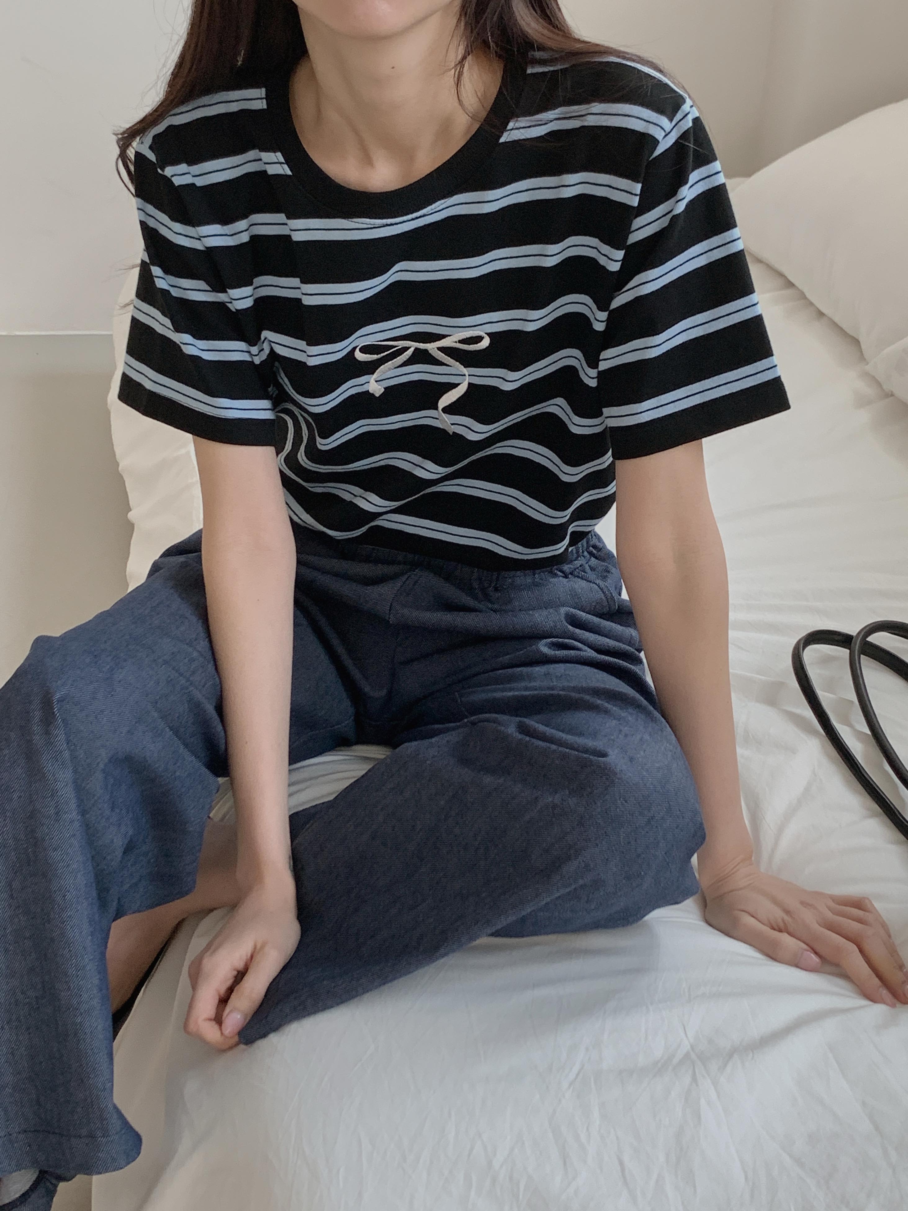 リボン刺繍ダブルボーダー半袖Tシャツ | 詳細画像3