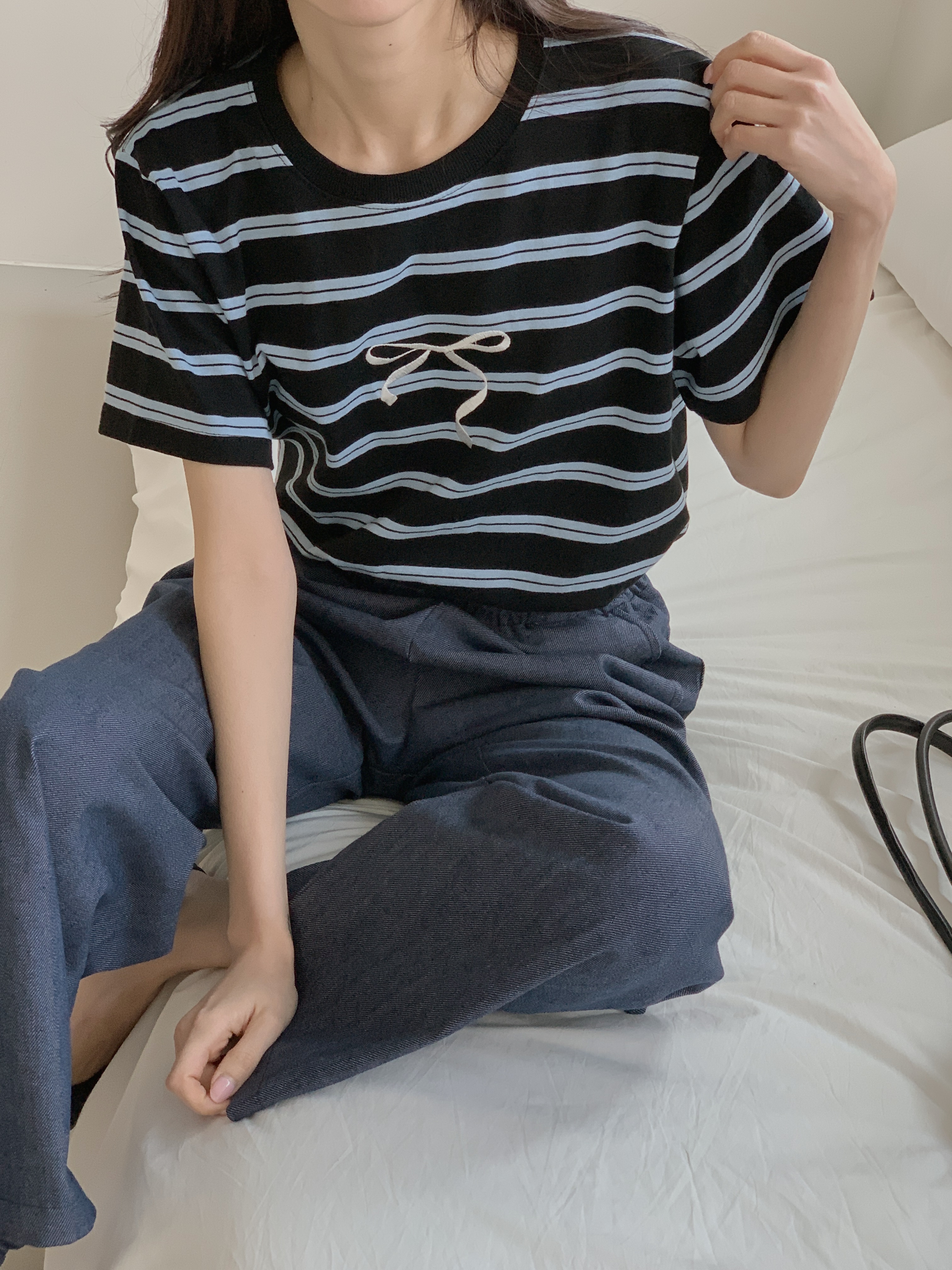 リボン刺繍ダブルボーダー半袖Tシャツ | 詳細画像13