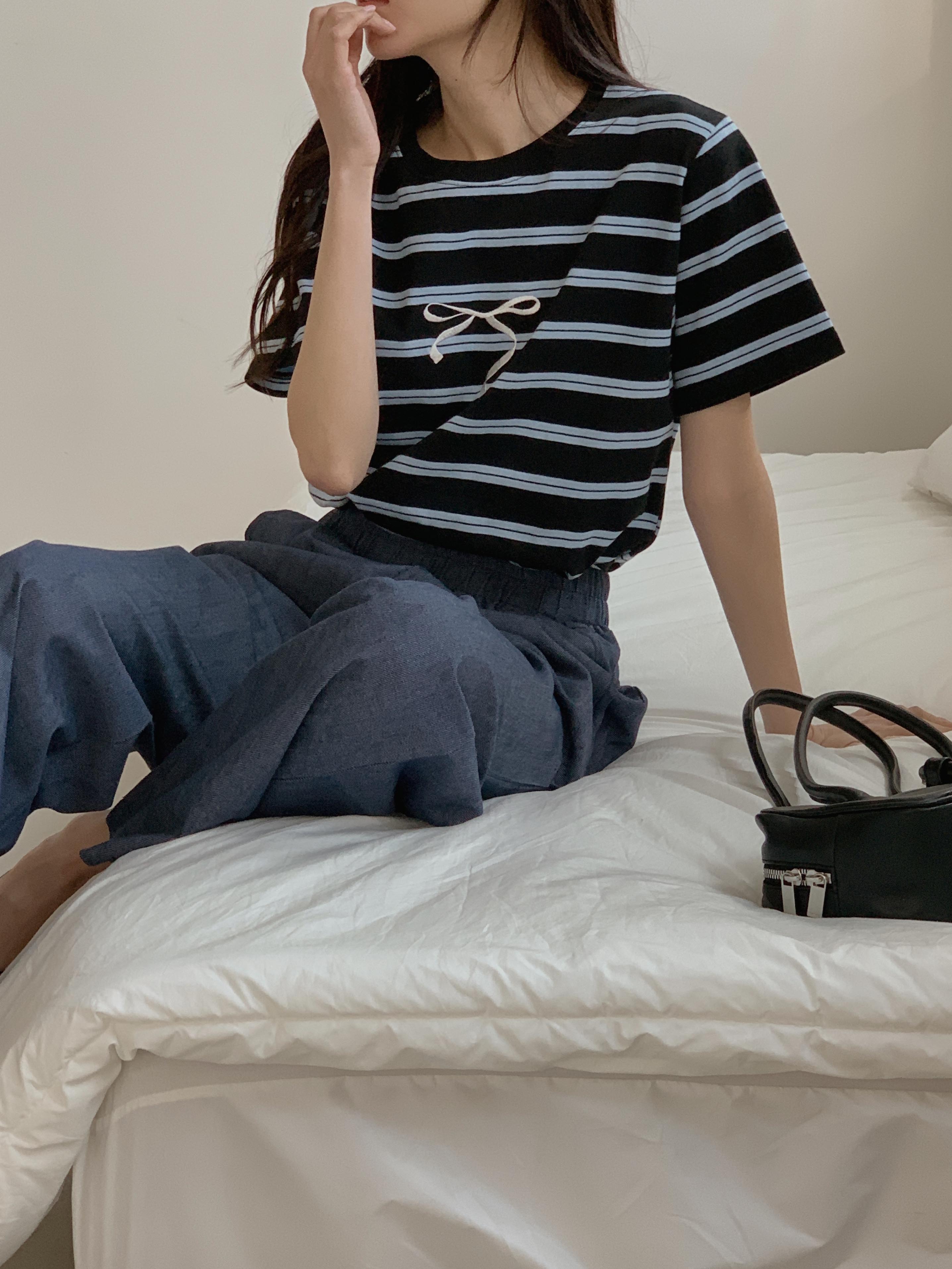 リボン刺繍ダブルボーダー半袖Tシャツ | 詳細画像4