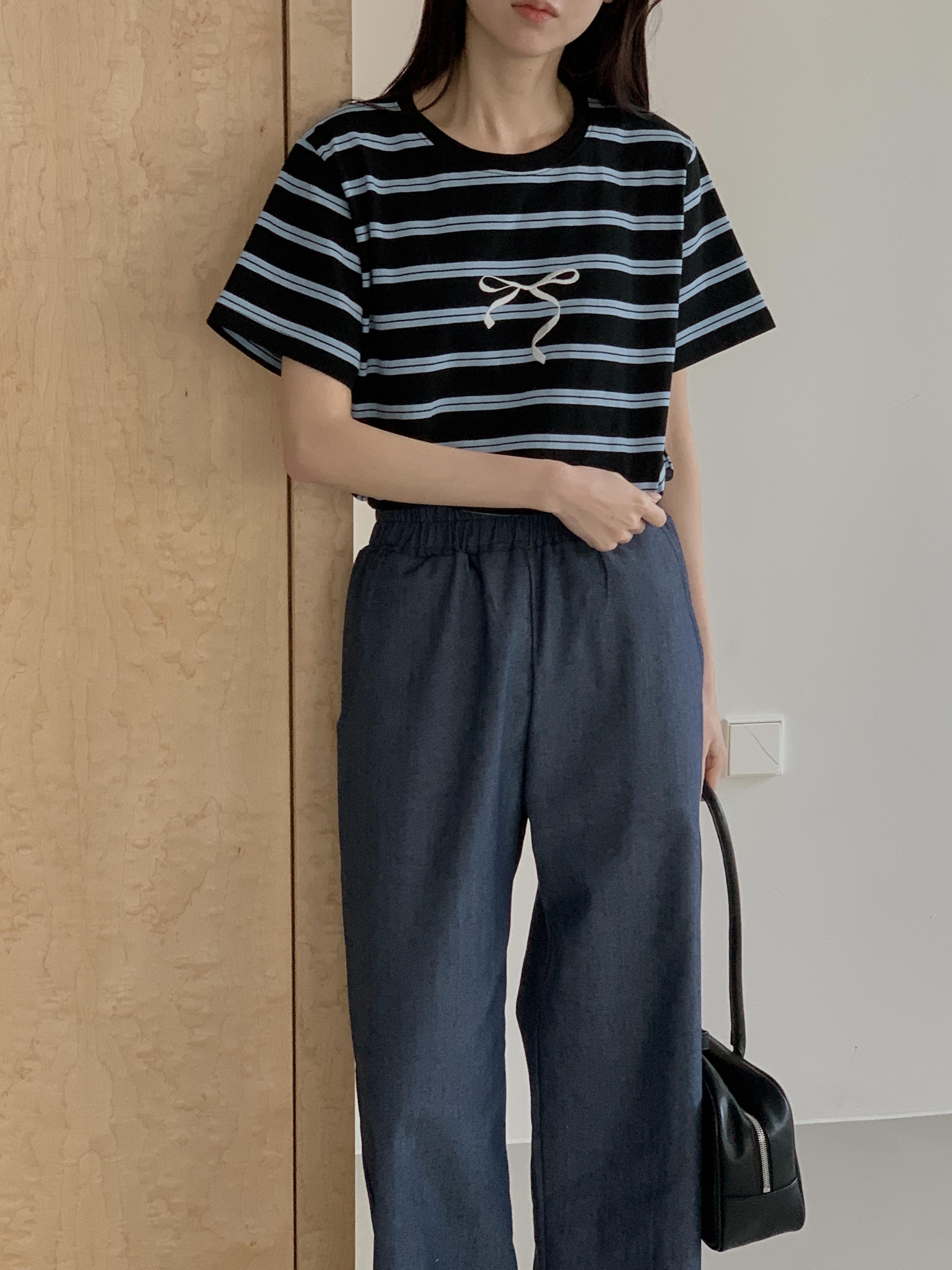 リボン刺繍ダブルボーダー半袖Tシャツ | 詳細画像6