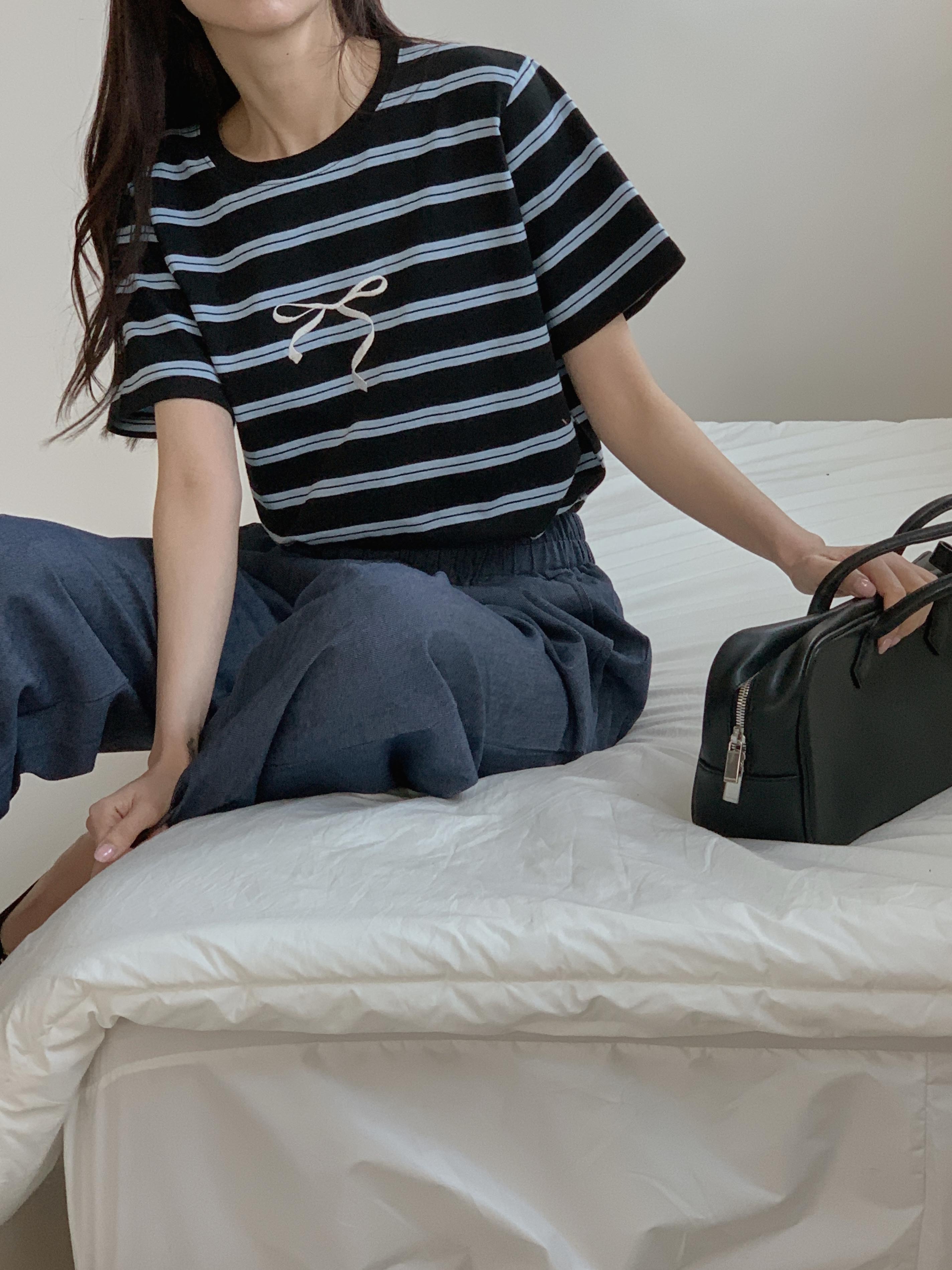 リボン刺繍ダブルボーダー半袖Tシャツ | 詳細画像2