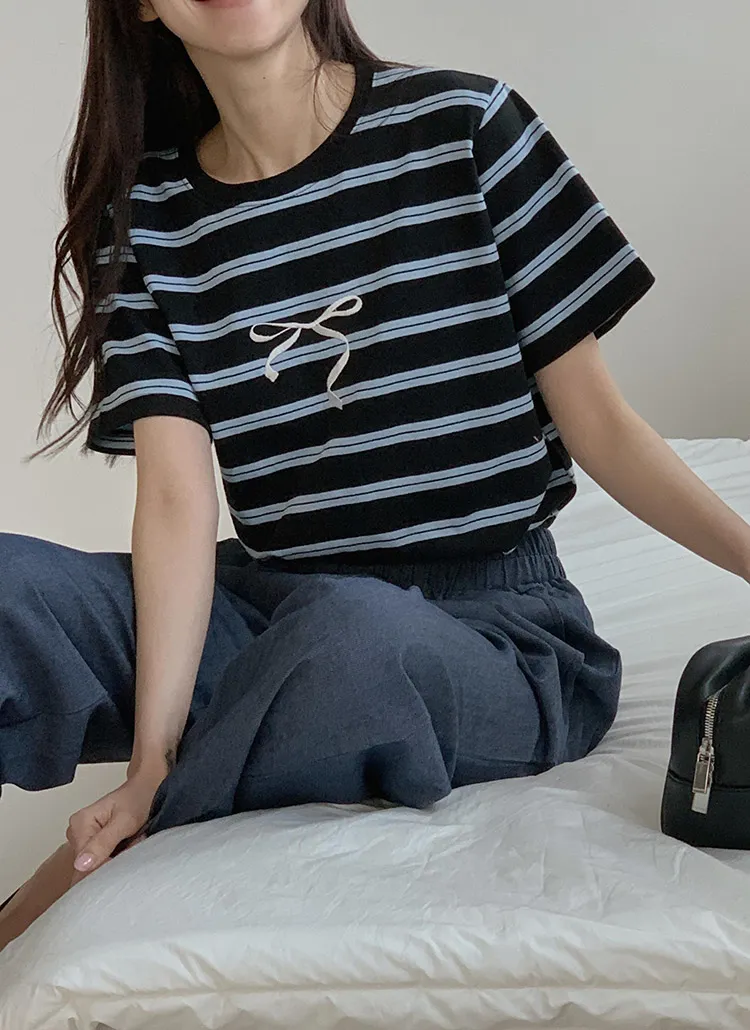 リボン刺繍ダブルボーダー半袖Tシャツ | 詳細画像1