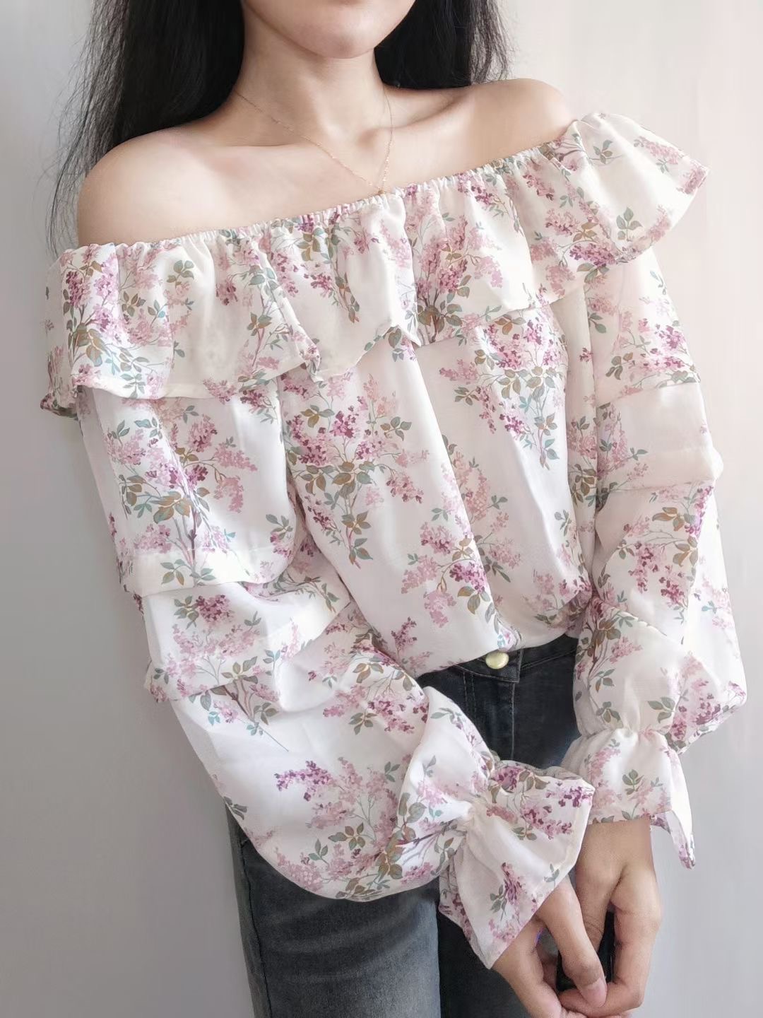 2WAYフリル花柄シフォンブラウス | 詳細画像4