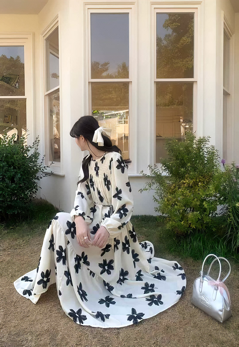 ストラップ付花柄シャーリングティアードワンピース | 詳細画像4