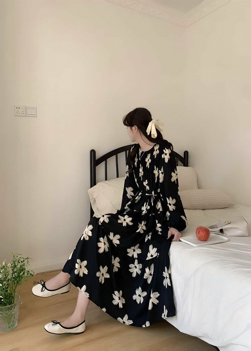 ストラップ付花柄シャーリングティアードワンピース | 詳細画像11