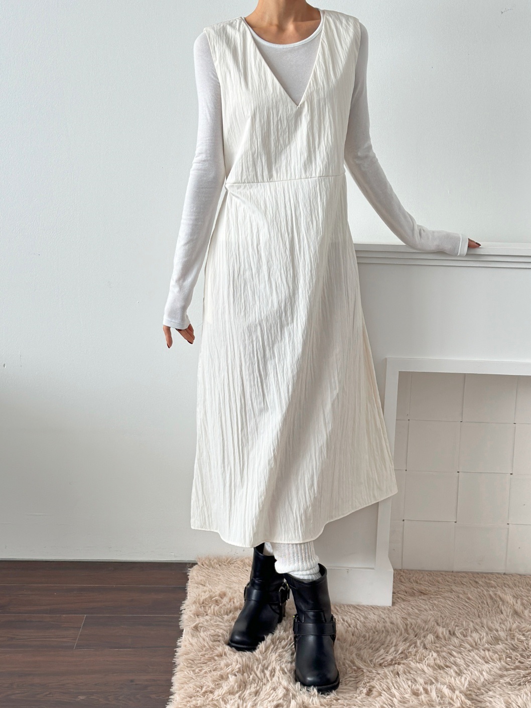 Vネックリボンナイロンノースリワンピース | 詳細画像14