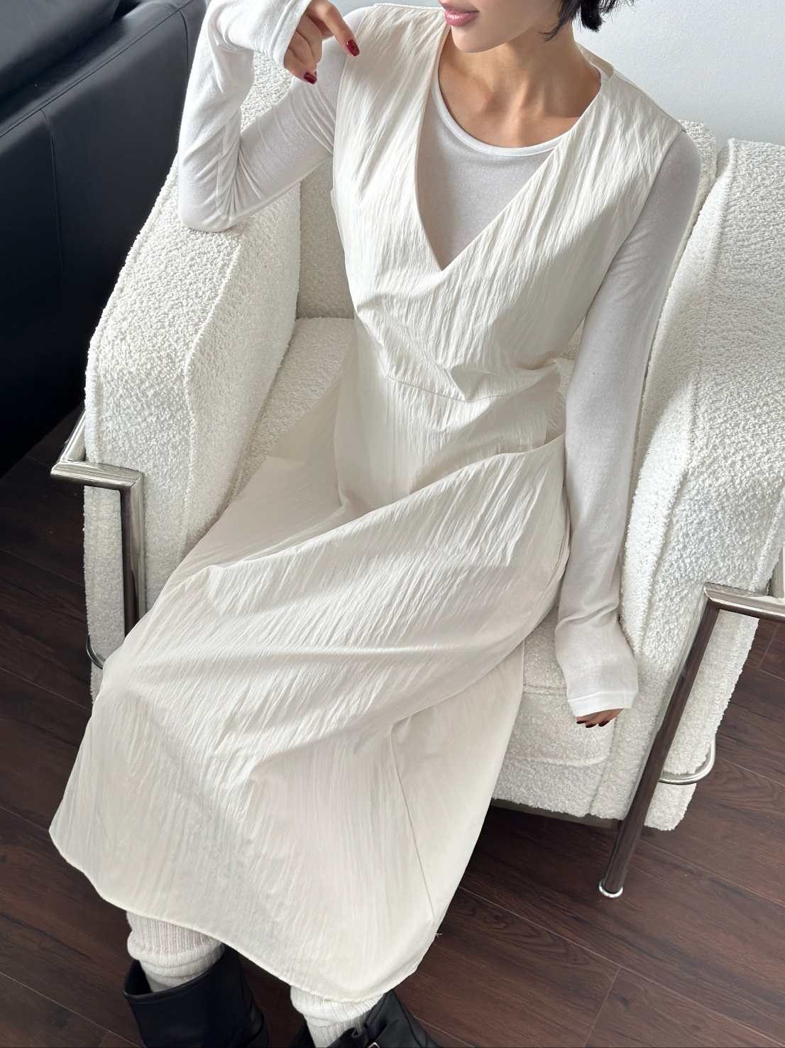 Vネックリボンナイロンノースリワンピース | 詳細画像16