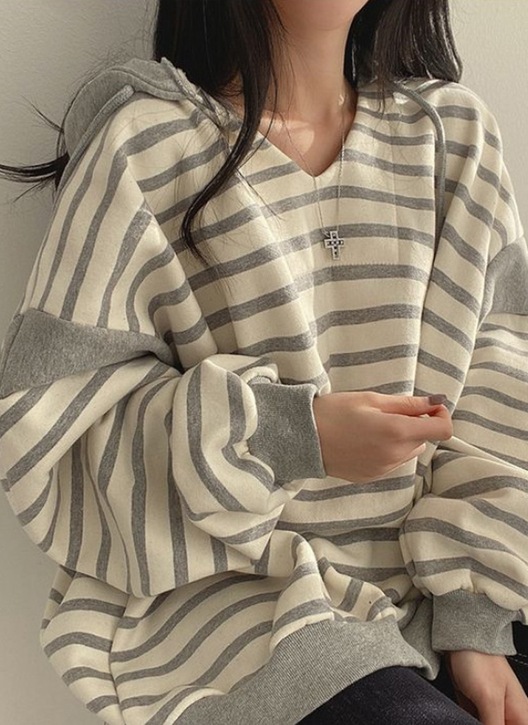 ボクシーボーダーVネックパーカー | レディースファッション通販 - DHOLIC