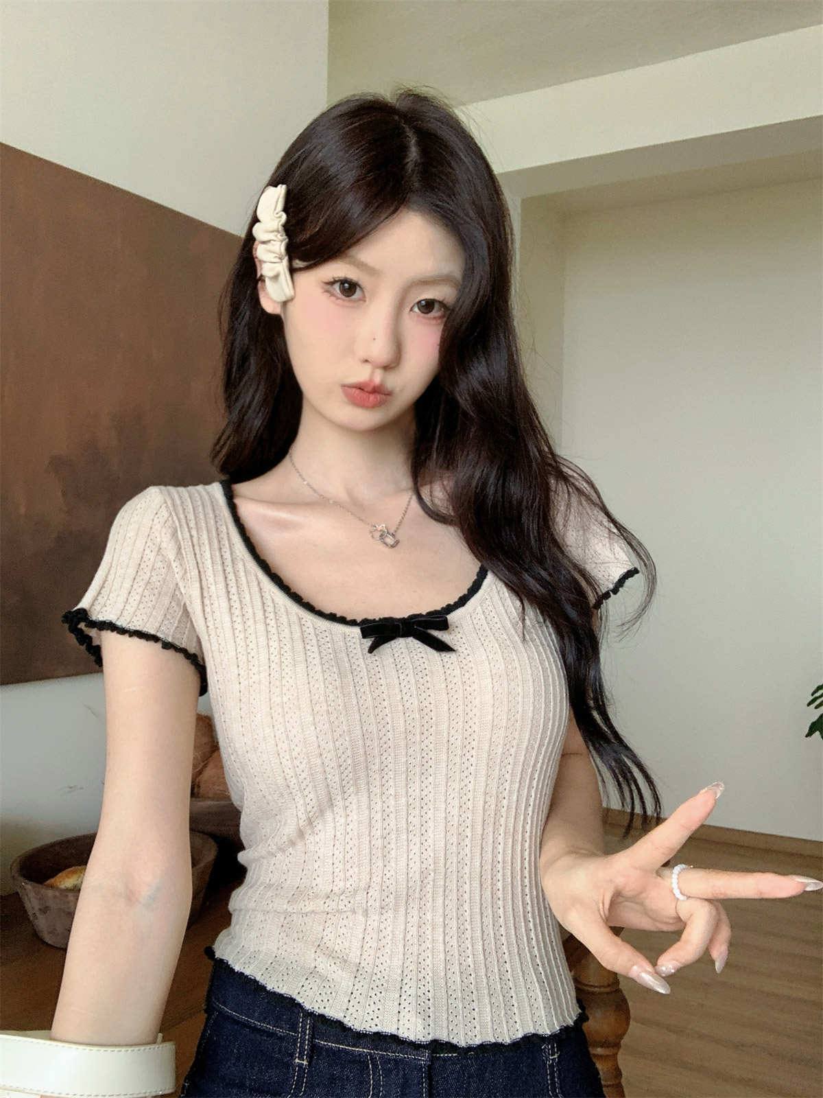 配色リボンUネック半袖シアーニット | 詳細画像3