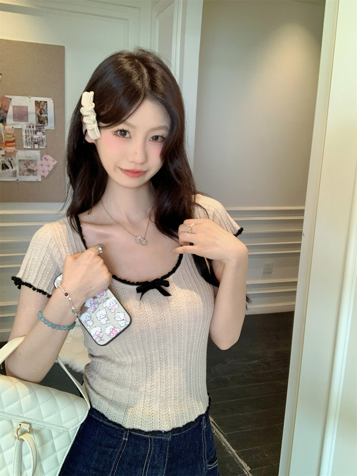 配色リボンUネック半袖シアーニット | 詳細画像4