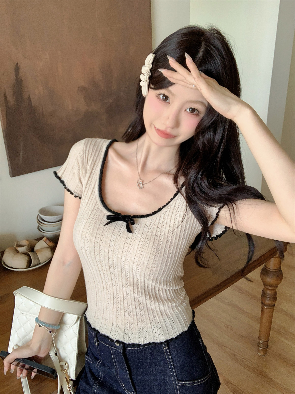 配色リボンUネック半袖シアーニット | 詳細画像5