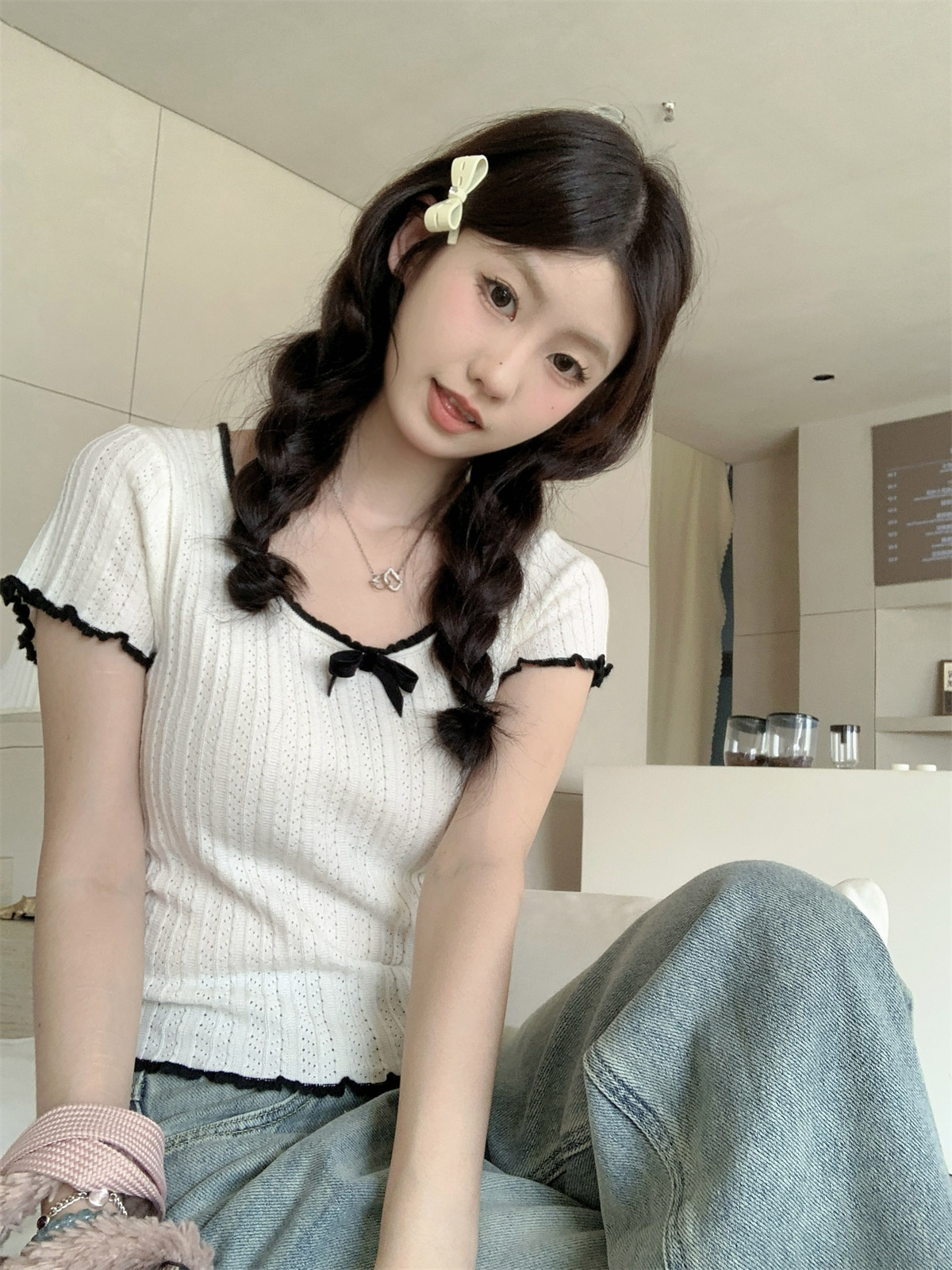 配色リボンUネック半袖シアーニット | 詳細画像13