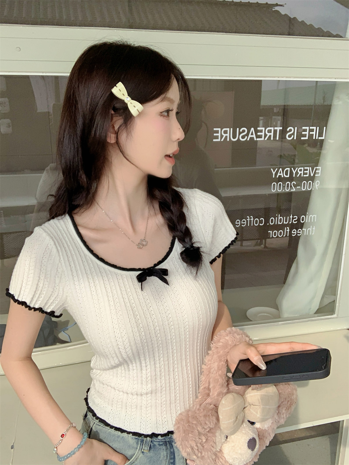 配色リボンUネック半袖シアーニット | 詳細画像15