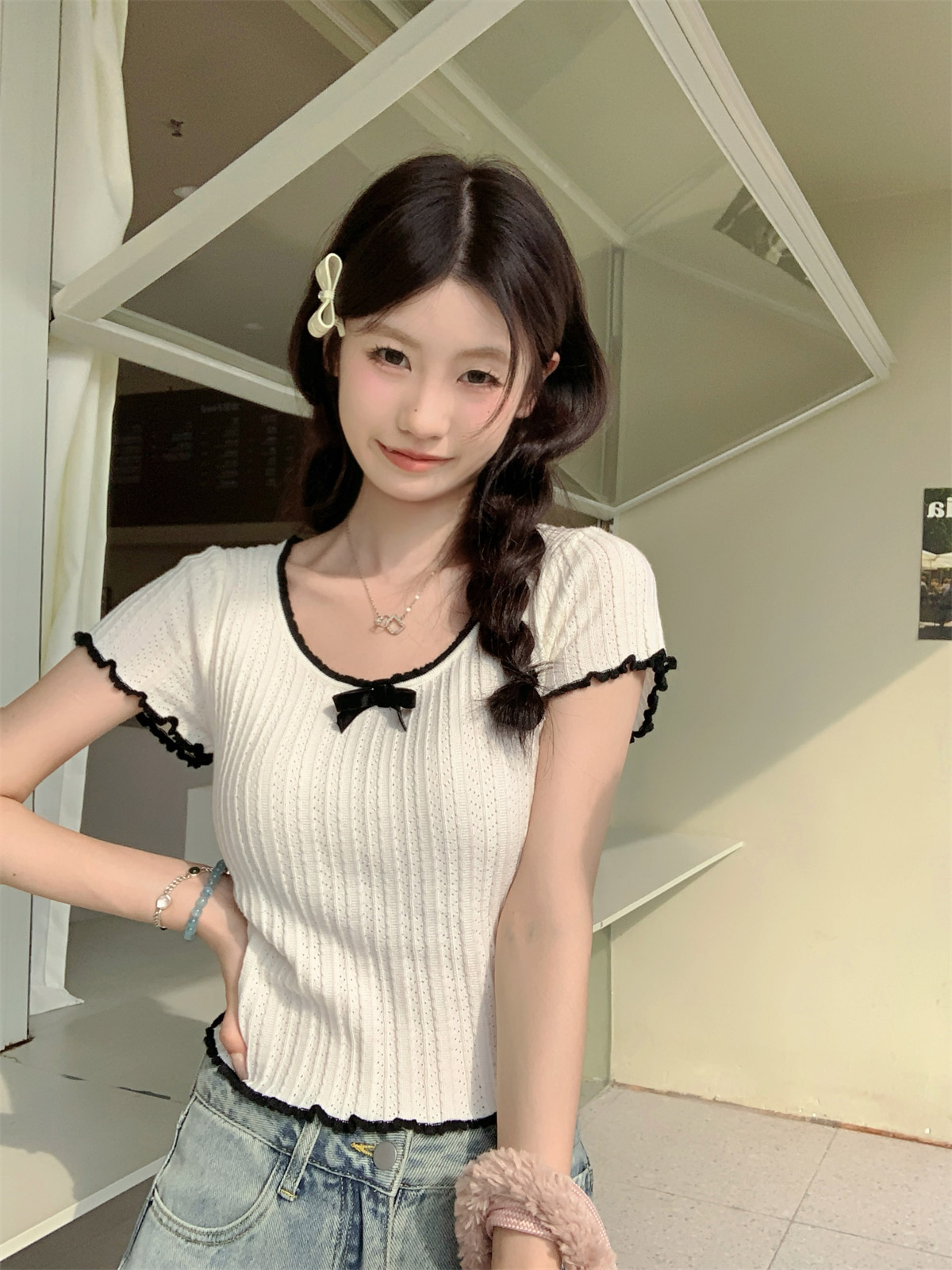 配色リボンUネック半袖シアーニット | 詳細画像16