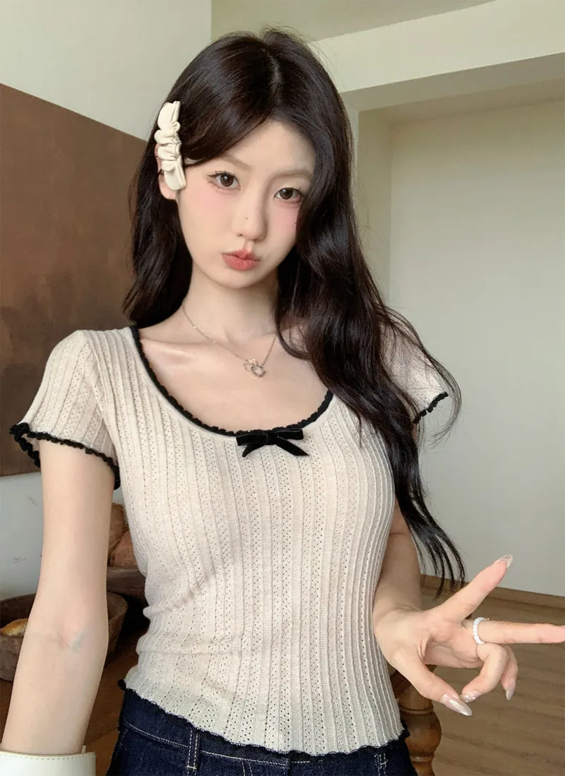 配色リボンUネック半袖シアーニット | 詳細画像1