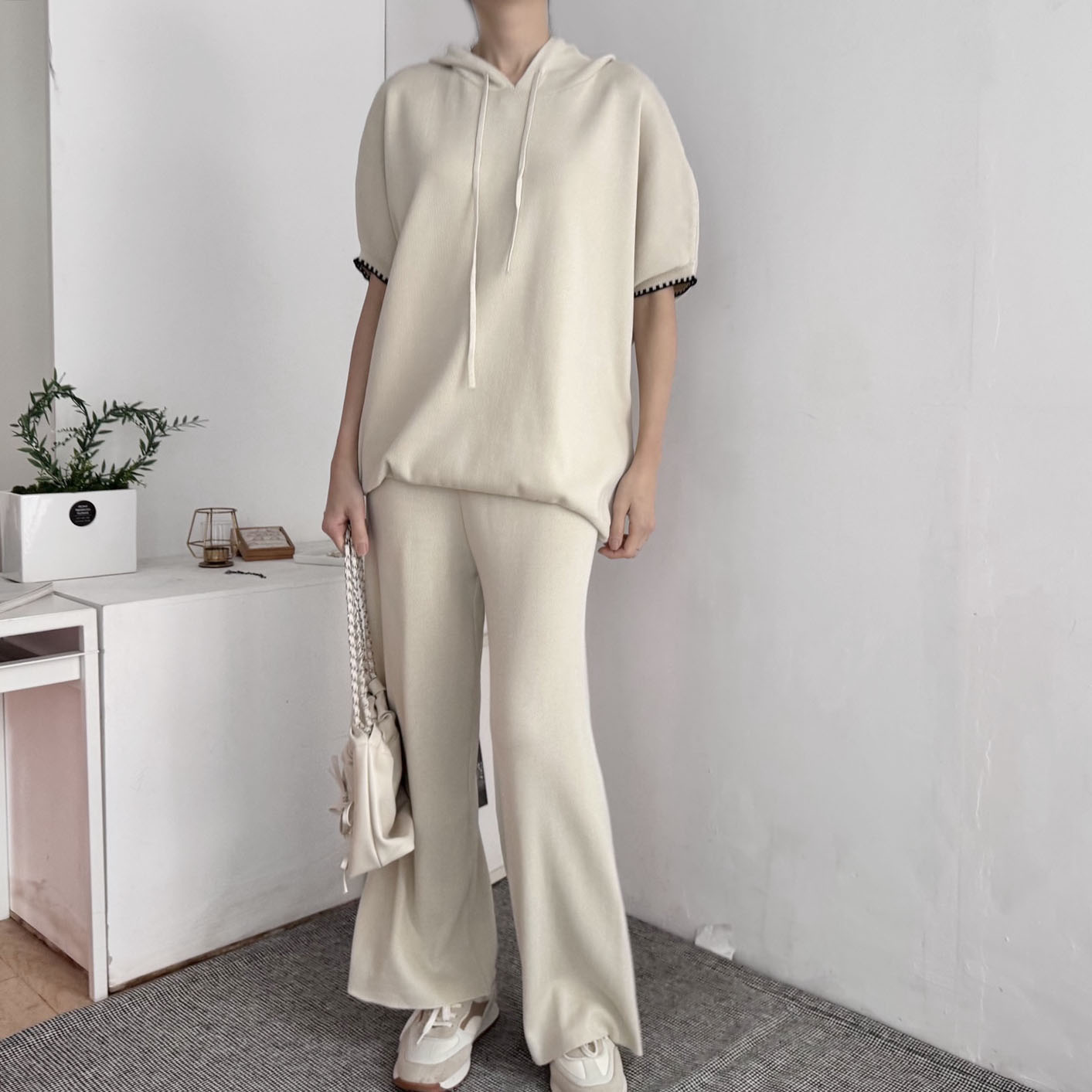 配色ヘム半袖ドロストフードニット&パンツSET | 詳細画像2