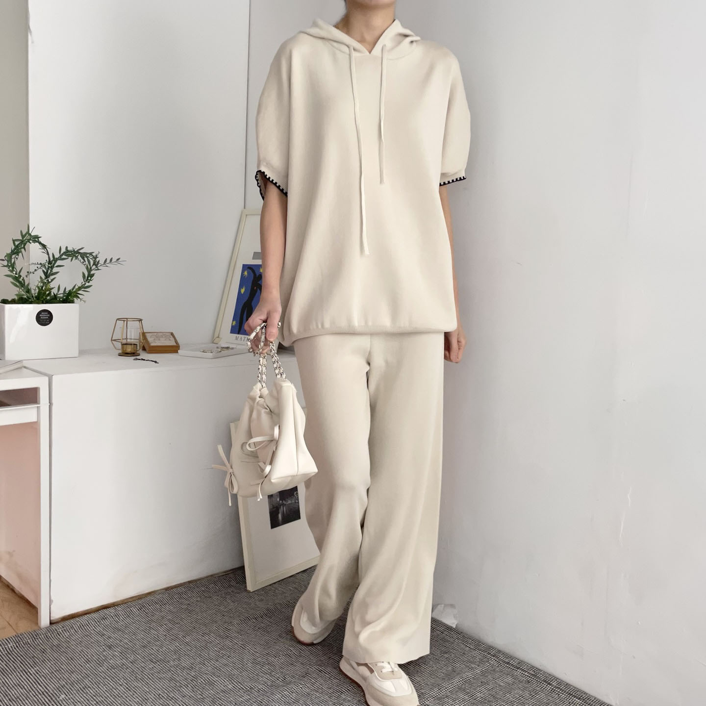 配色ヘム半袖ドロストフードニット&パンツSET | 詳細画像3