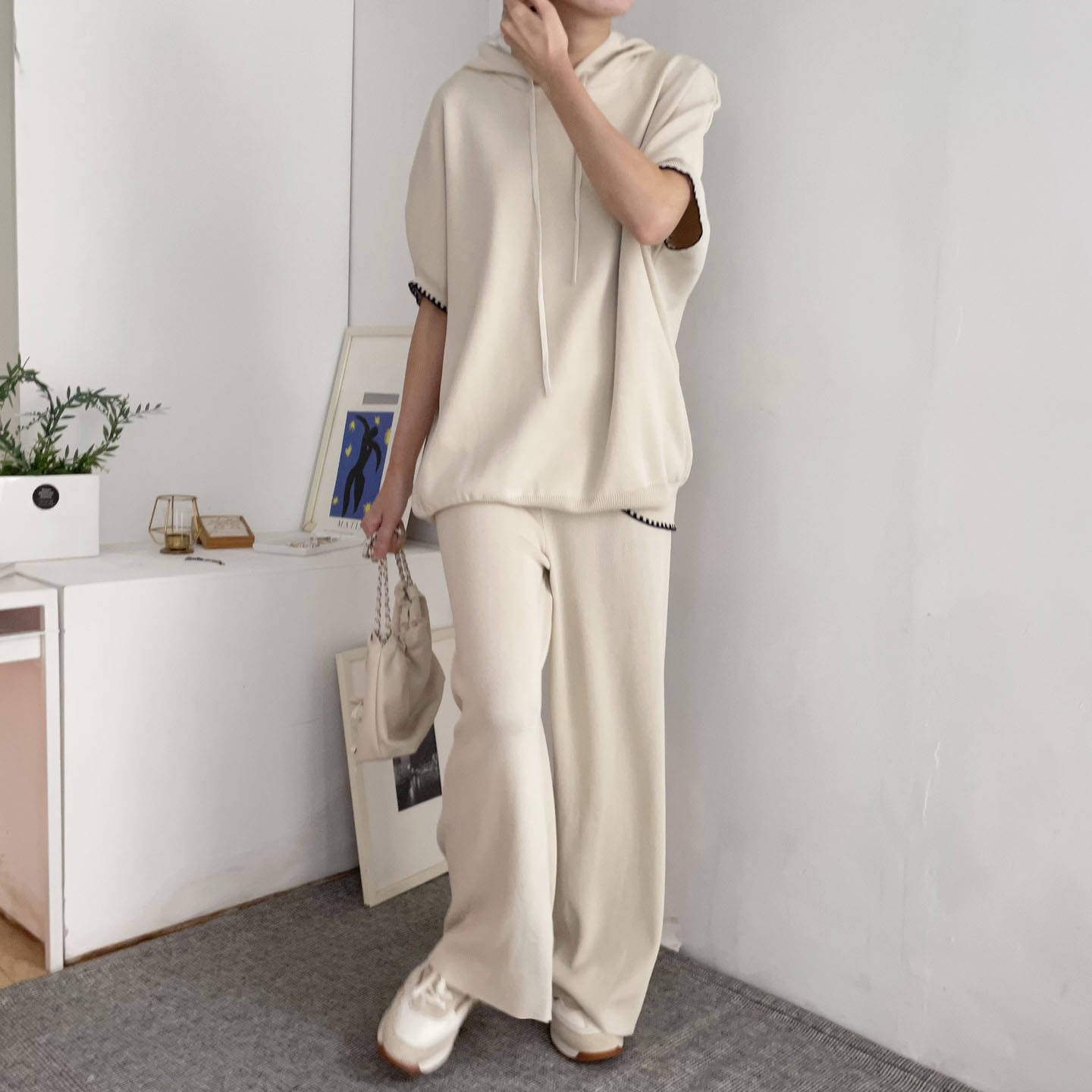 配色ヘム半袖ドロストフードニット&パンツSET | 詳細画像4