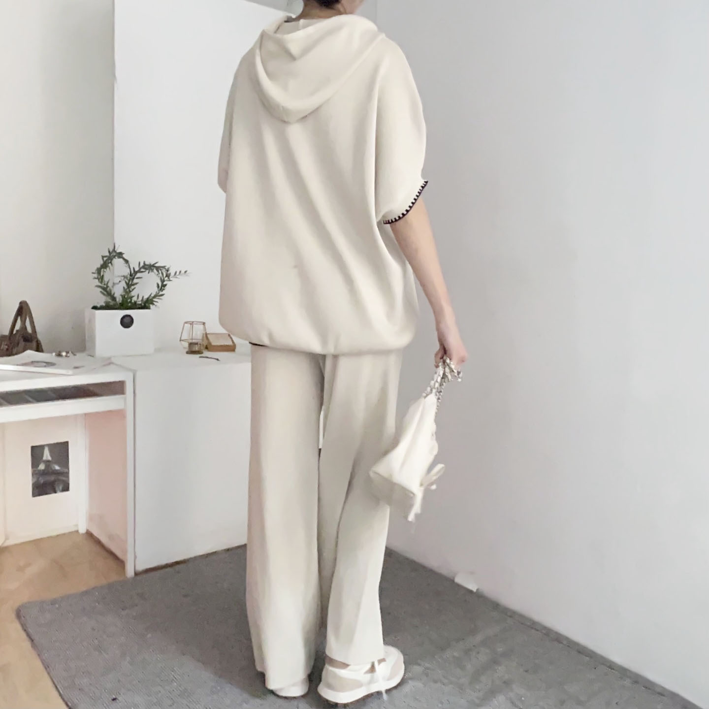 配色ヘム半袖ドロストフードニット&パンツSET | 詳細画像5