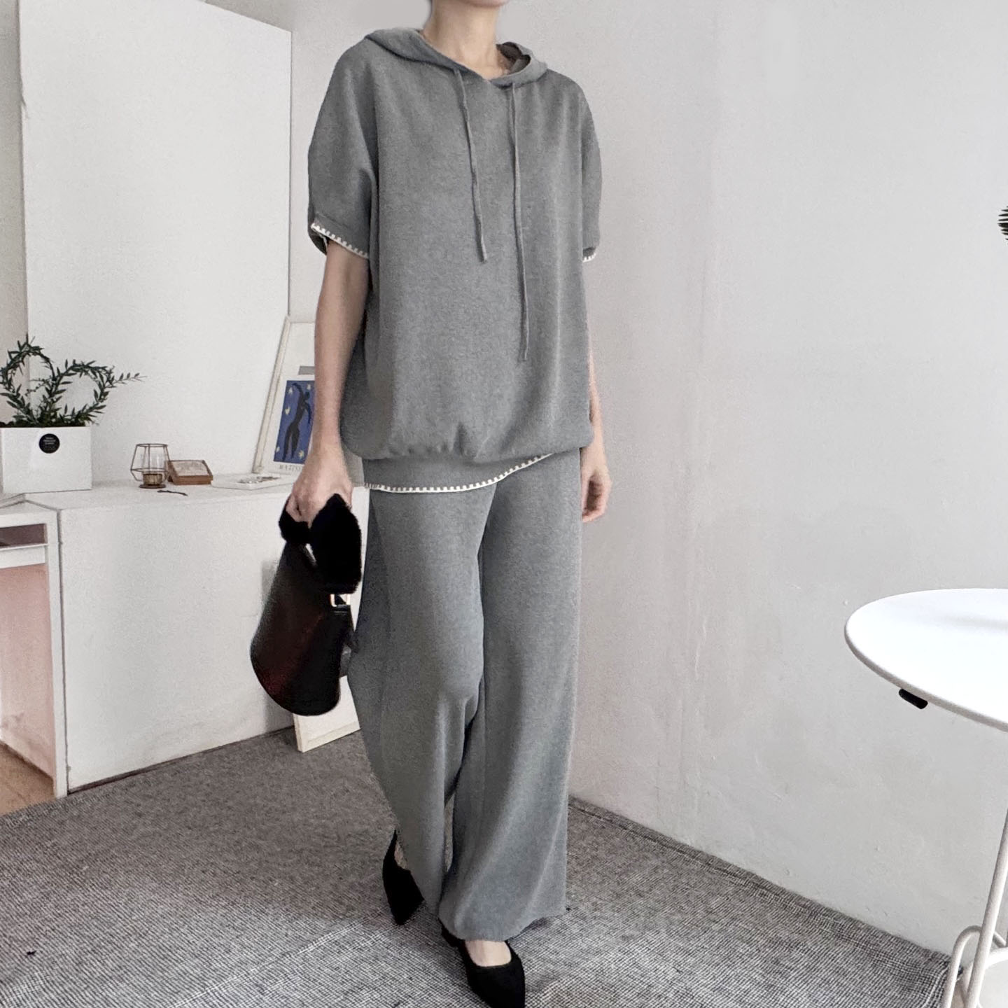 配色ヘム半袖ドロストフードニット&パンツSET | 詳細画像9