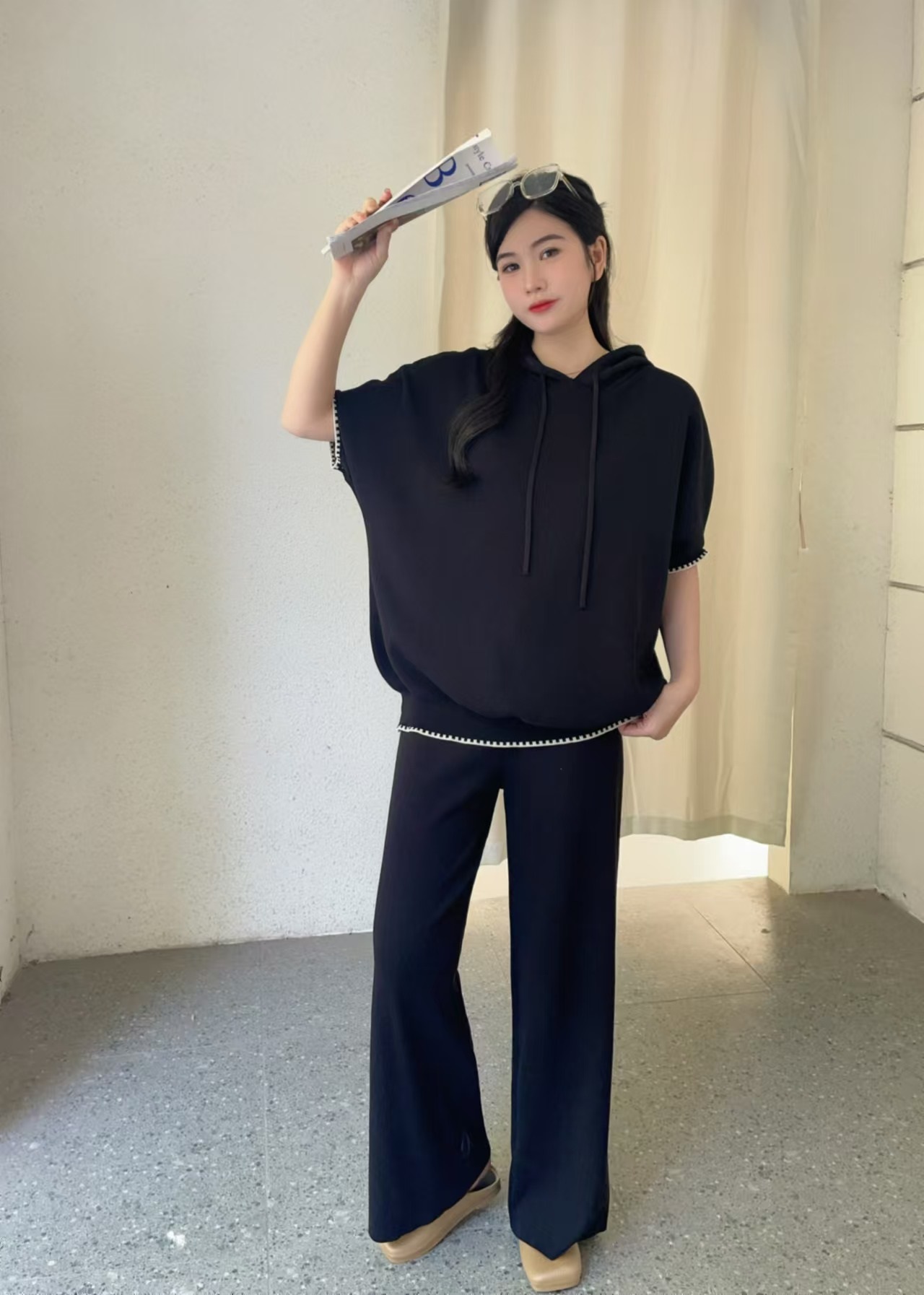 配色ヘム半袖ドロストフードニット&パンツSET | 詳細画像11