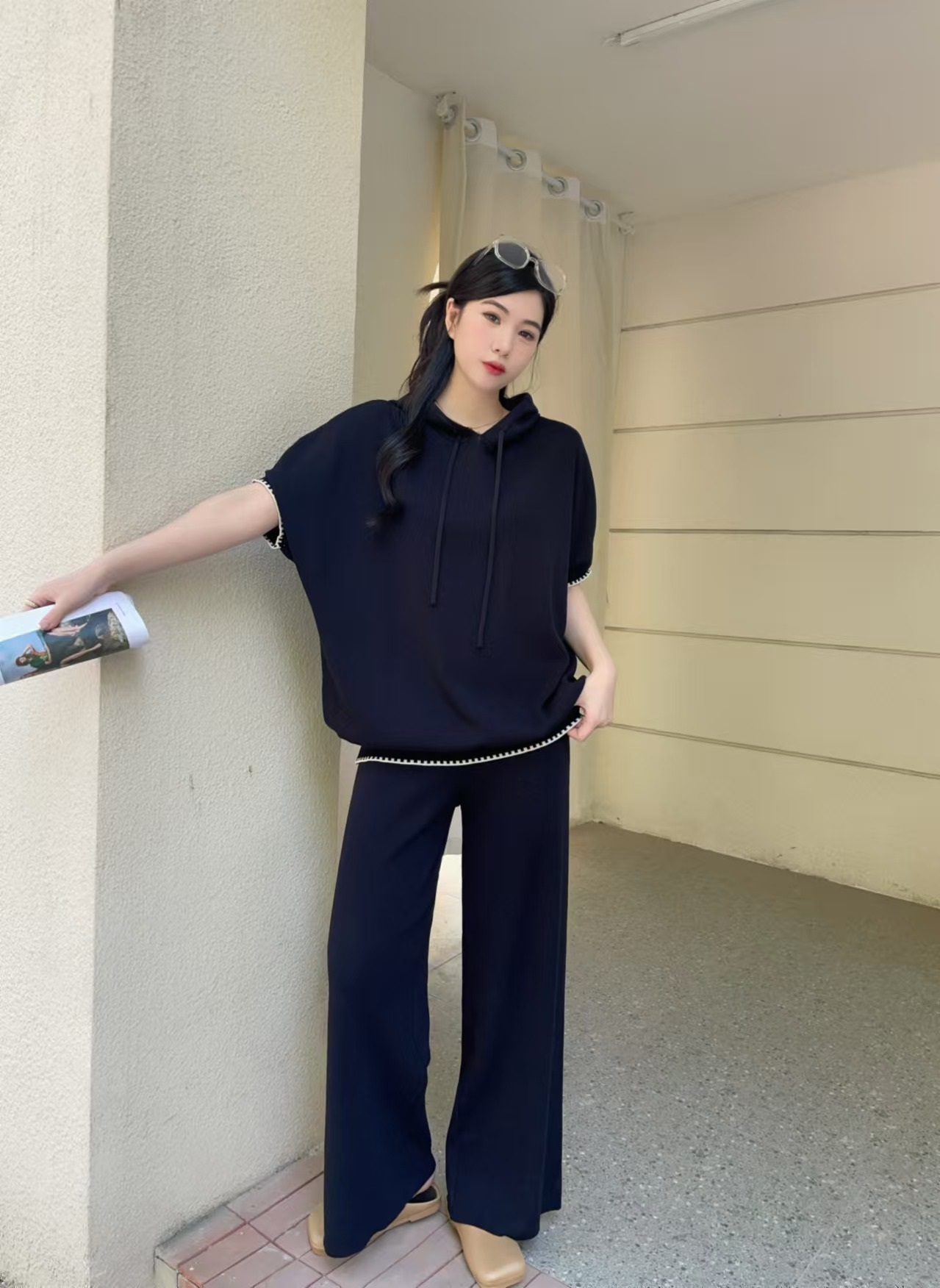 配色ヘム半袖ドロストフードニット&パンツSET | 詳細画像12