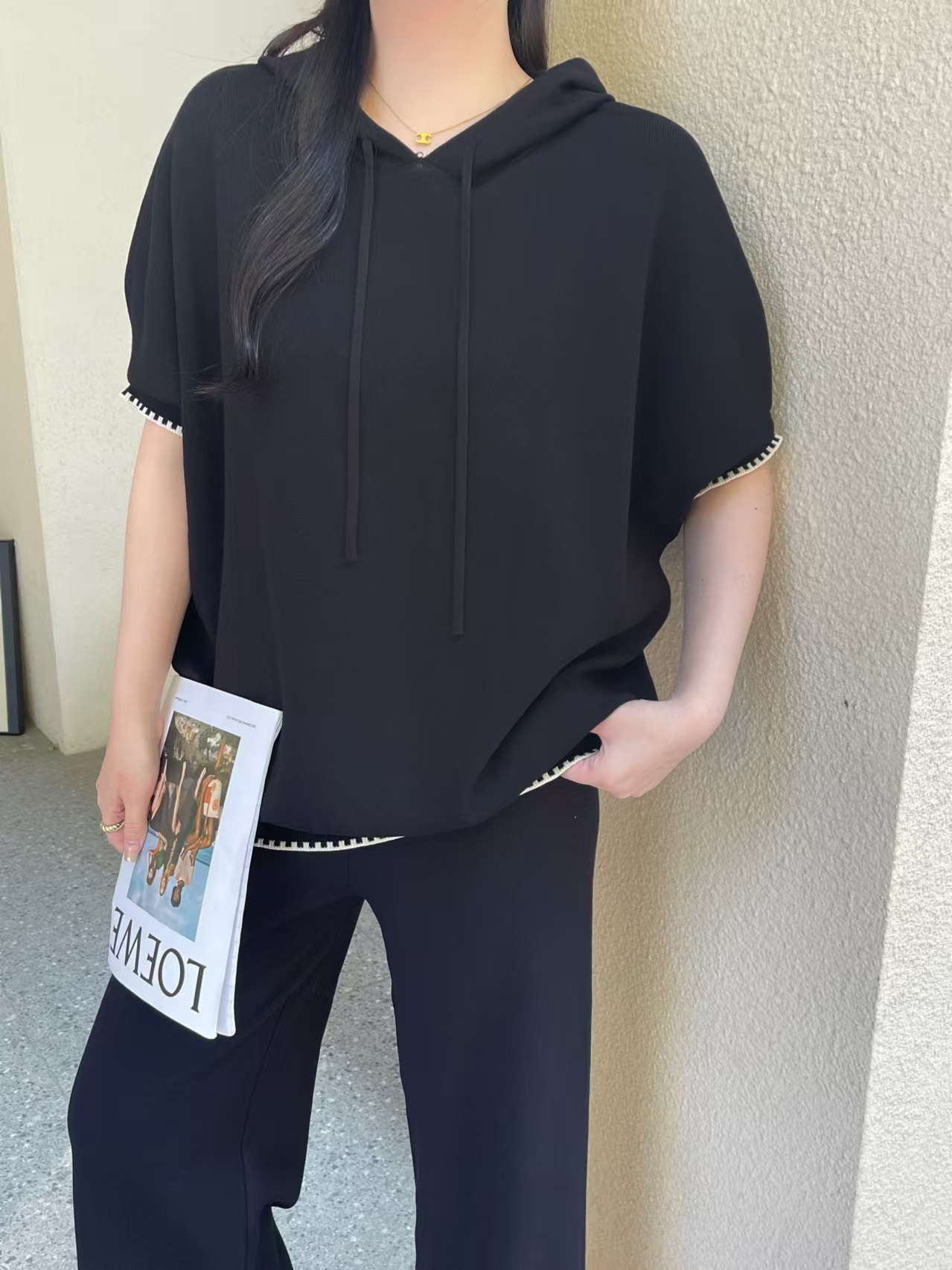 配色ヘム半袖ドロストフードニット&パンツSET | 詳細画像13